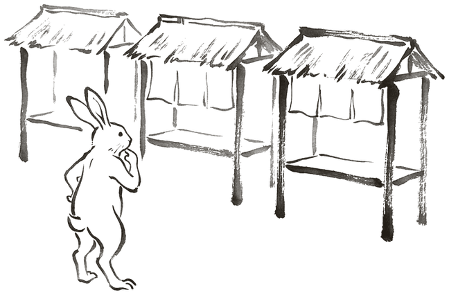 三つの屋台を前に考え込むうさぎの墨絵